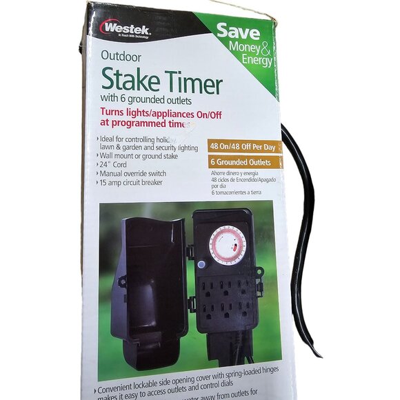 Outdoor Stake Timer With 6 Grounded Outlets 24" Cord 15 Amp Circuit Breaker - Picture 3 of 7